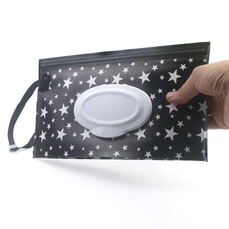 FKEYTO Baby Wipe Dispenser,Portable Refillable Wipe Holder Wipe Dispenser Bag Reusable Travel Wet Wipe Pouch (black & white stars) - Image 2